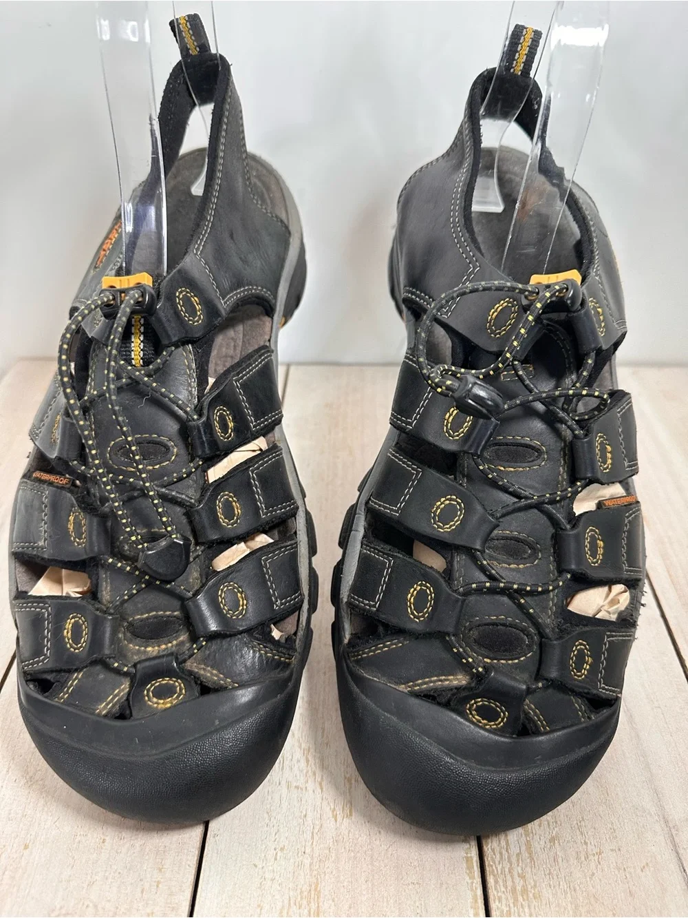 Keen Men’s Newport H2 Black leather Sandals W/Yellow Stitching protected toe cap